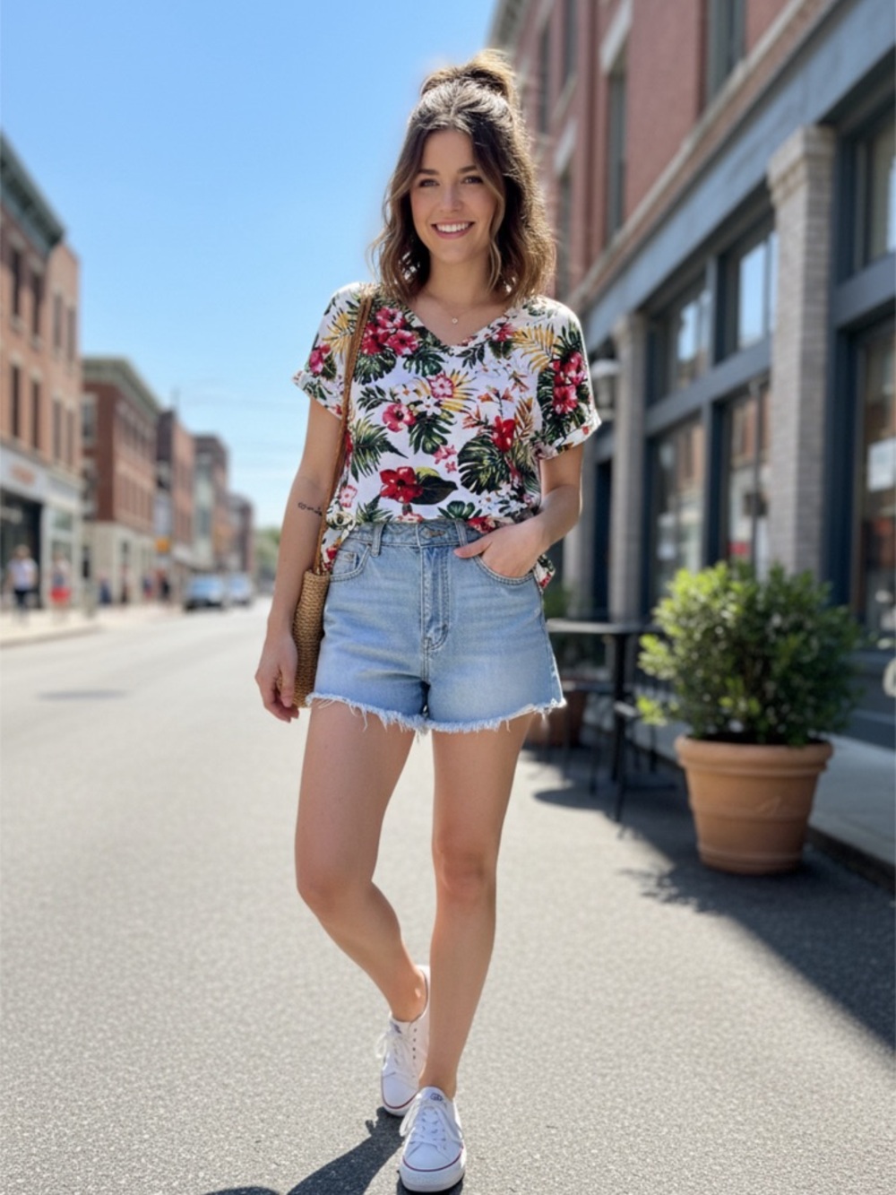 Tropical Hibiscus and Monstera Floral V-Neck Cuffed Sleeve T-Shirt Size L